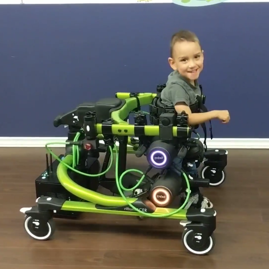 3 year old Lucas who has cerebral palsy, walks with Trexo